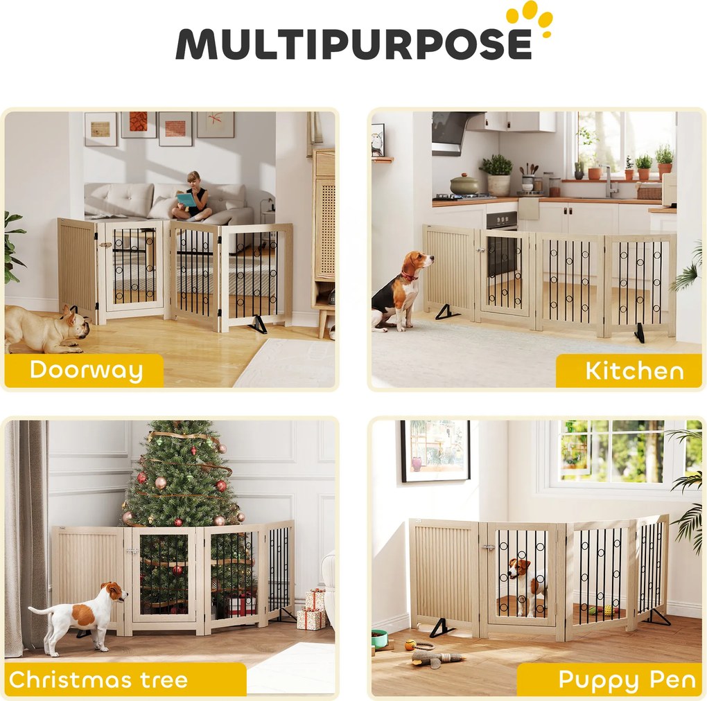 PawHut Wolnostojąca bramka dla zwierząt, bramka dla psa z drzwiami, 4 panele, do korytarza, schodów, ościeżnicy drzwiowej, MDF, stal | Aosom PL