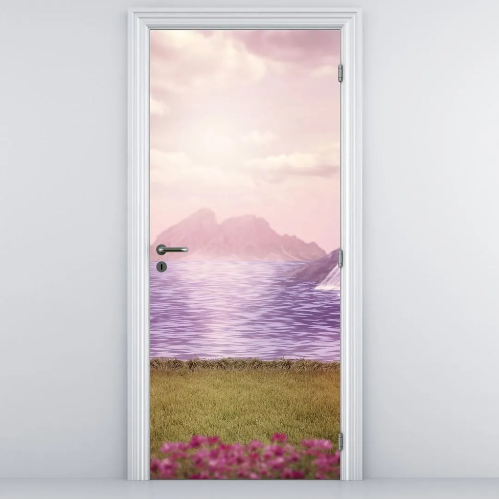 Fototapeta na drzwi - Różowe drzewa z jeziorem (95x205cm)