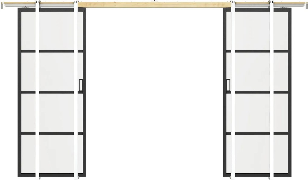 Drzwi przesuwne podwójne chowane w ścianie - aluminium i przezroczyste szkło hartowane - 2 x wys. 205 x szer. 93 cm - SINCA II