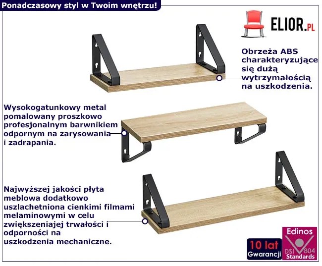 Komplet 3 półek ściennych dąb sonoma - Vopra