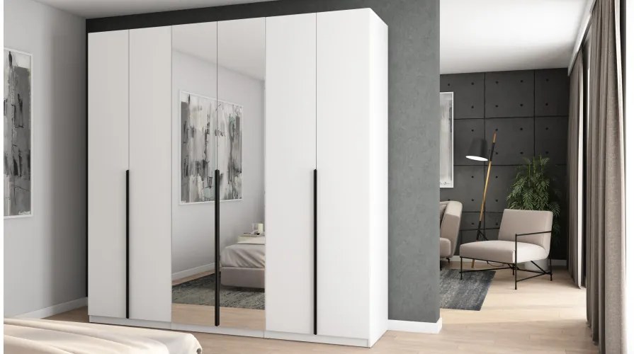 Szafa 6 drzwiowa z lustrem otwierana 240 x 240 cm – biała z czarnymi uchwytami