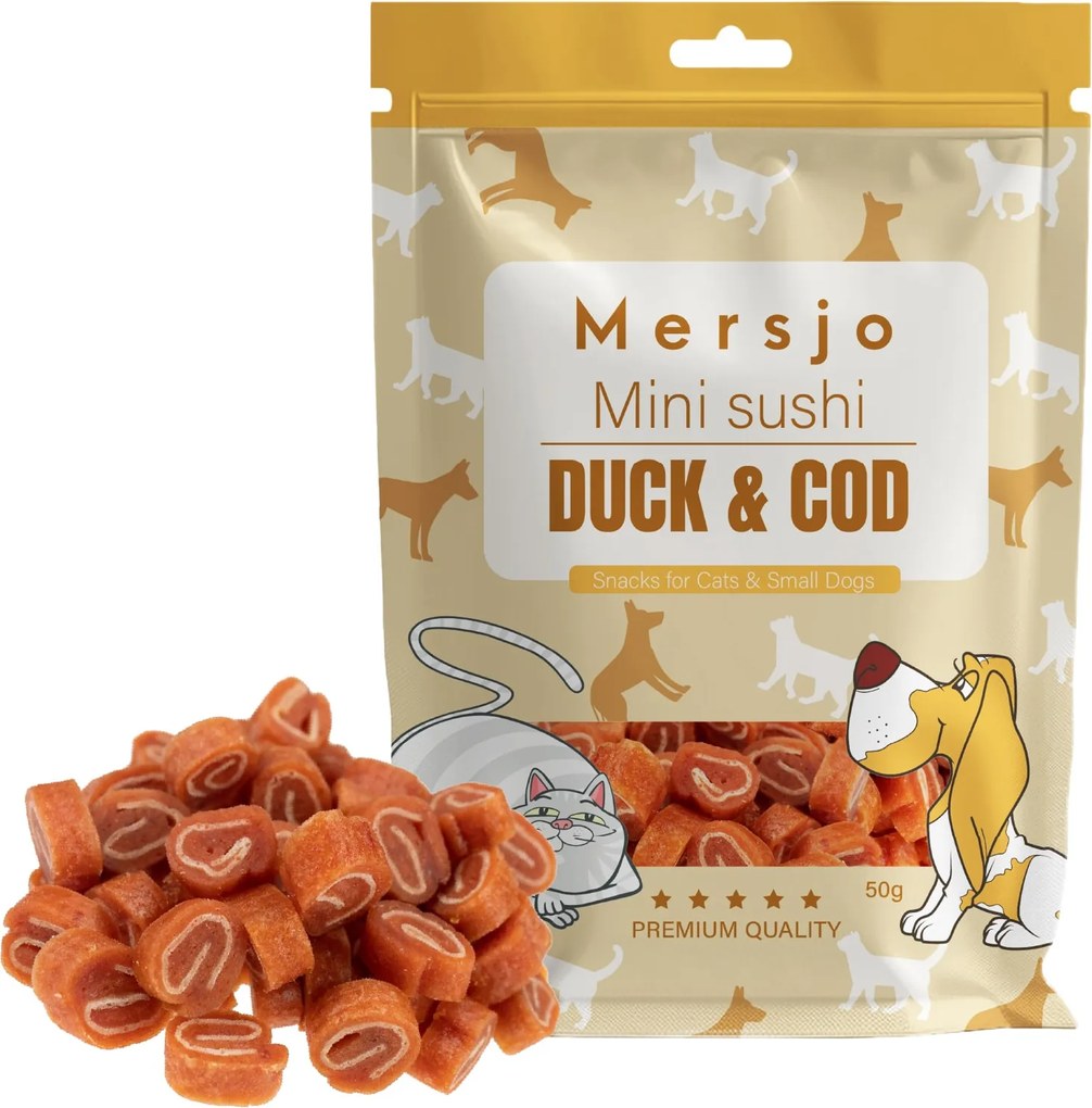 Przysmak dla kotów i małych psów - Mini sushi z kaczką i dorszem 50g