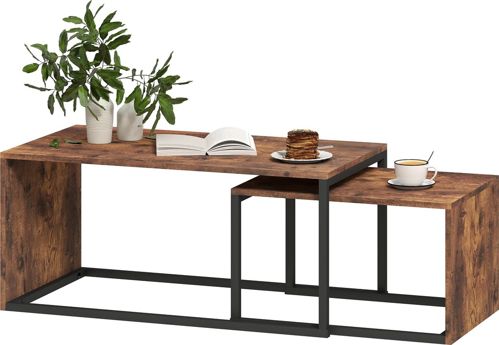 HOMCOM Zestaw 2 stolików, stolik kawowy, stolik pomocniczy, MDF, Metal, 90 x 48 x 42 cm/59 x 42 x 36 cm, Czarny+Brązowy