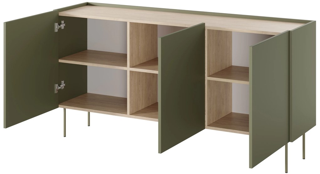 Komoda Desin 170 cm trzydrzwiowa - oliwka / dąb nagano
