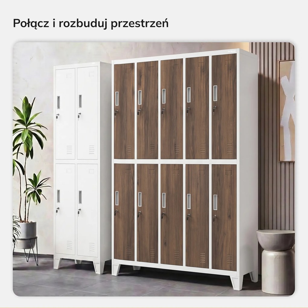 Szafa BHP ubraniowa 10-drzwiowa biała / orzech: Eco Design BARTEK 1360 x 1720 x 450 mm