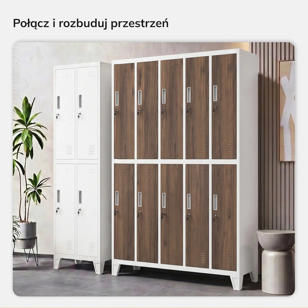 Szafa socjalna ubraniowa 10-drzwiowa biała/orzech, 1360x1720x450 mm: BARTEK Eco Design
