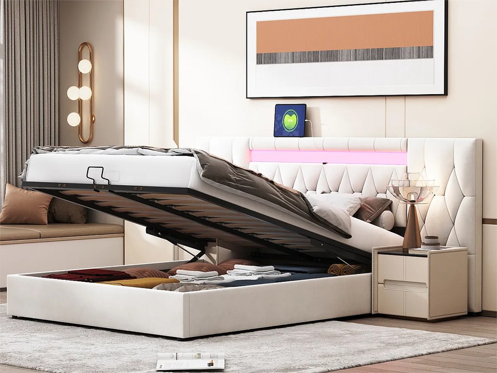 Łóżko z pojemnikiem 160x200 cm z weluru - z LED i gniazdem USB - Beżowe