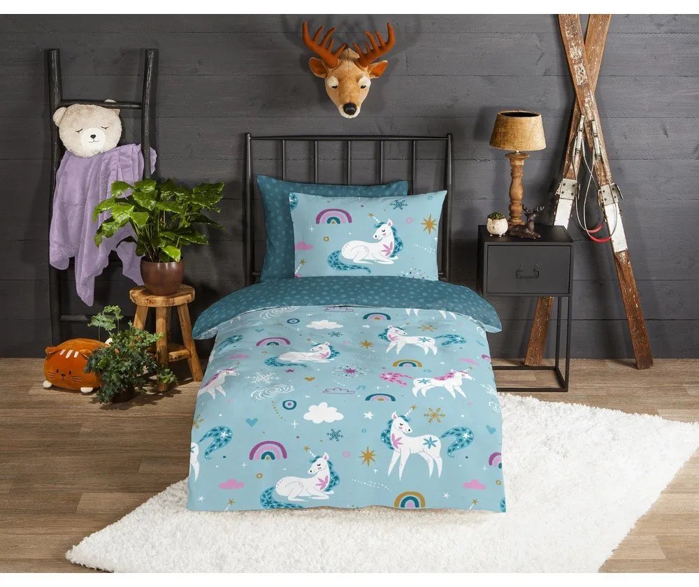 Niebieska flanelowa pościel dziecięca jednoosobowa 140x220 cm Snowycorn – Good Morning