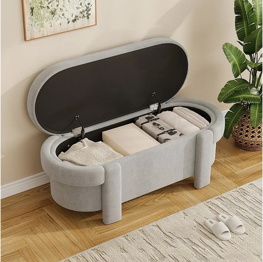 Tapicerowana ławka ze schowkiem i pokrywą - 121,5 x 49 x 44,5 cm - wygląd polaru - do salonu/sypialni - Polar - szary