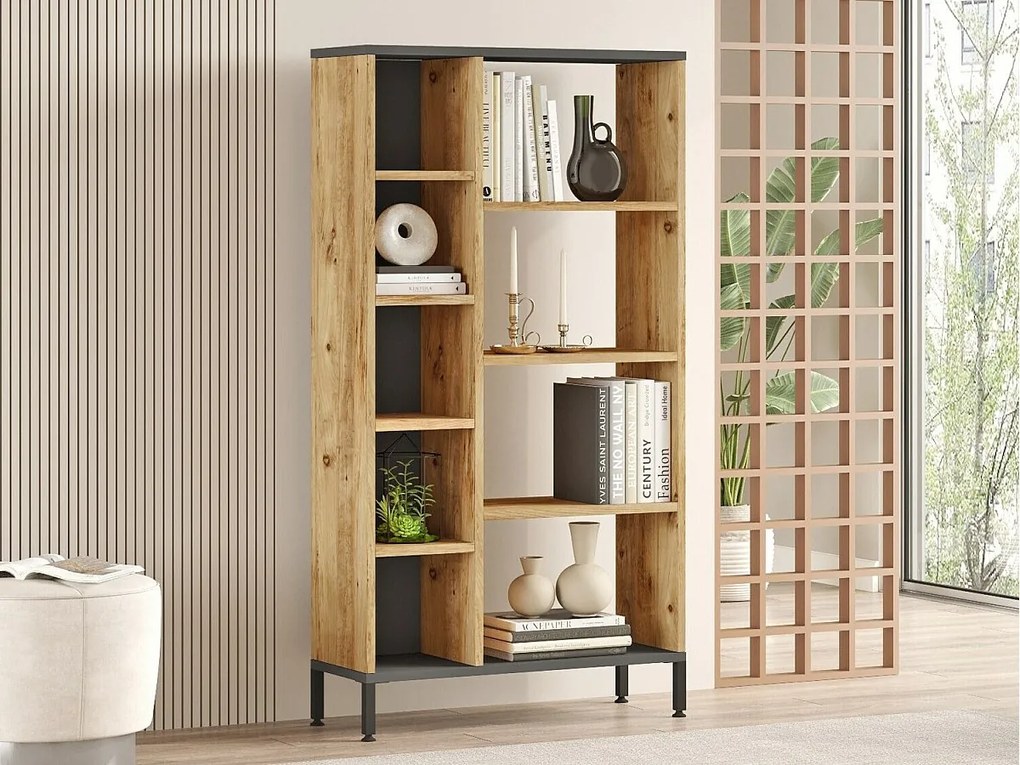 Elegancki regał w kolorze sosny atlantyckiej i antracytu, szer. 72 cm, wys. 133,6 cm, gł. 25,5 cm | Płyta wiórowa pokryta melaminą w 100%, g