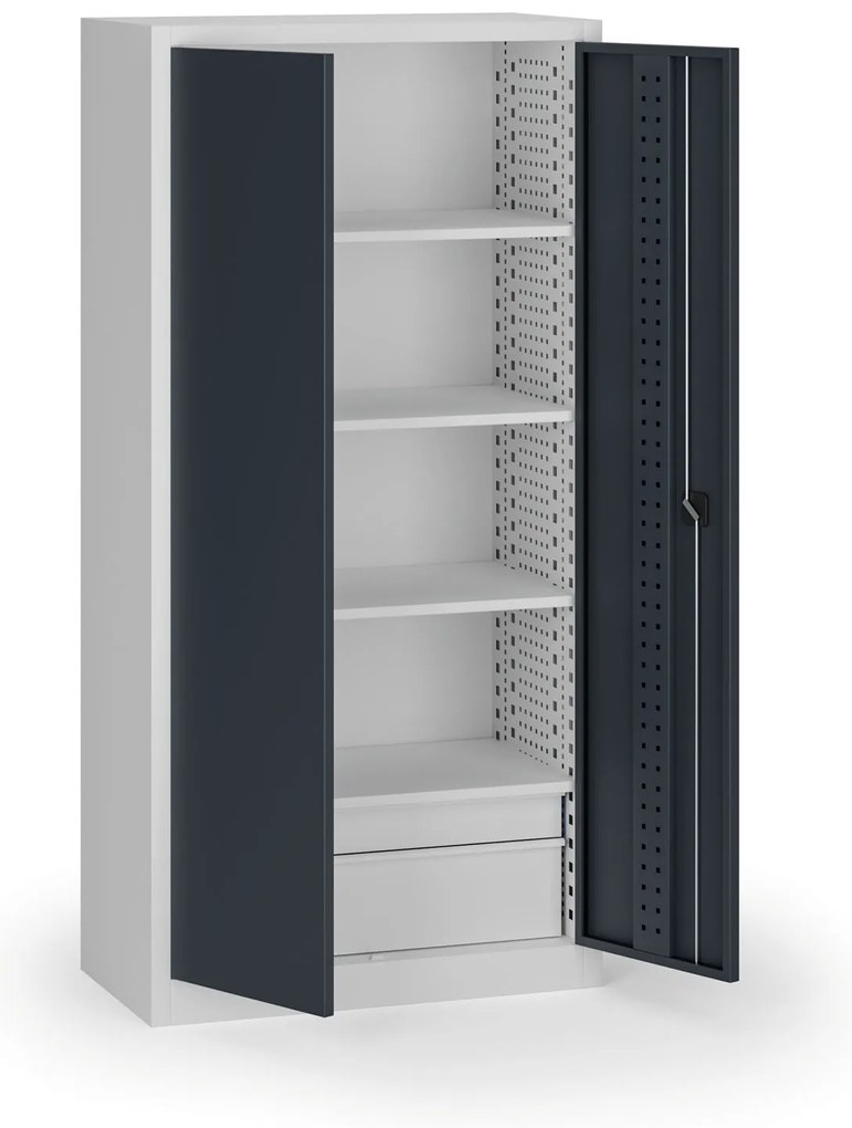 Szafa warsztatowa, 4 półki + 2 szuflady, 1950 × 950 × 500 mm, grafitowe drzwi