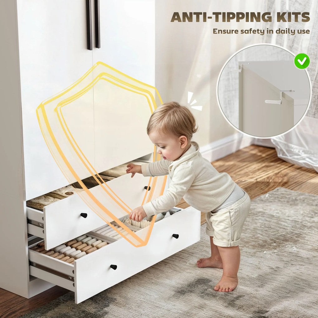 HOMCOM Szafa, 2 Drzwi, Przestrzeń Wisząca, Stanga, 2 Szuflady, Płyta Wiórowa, Biała