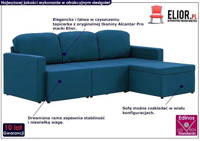 Rozkładana sofa modułowa niebieska tkanina - Odi 4Q