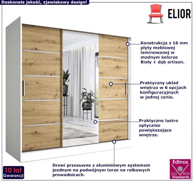 Szafa przesuwna 200 cm biały + dąb artisan - Marmos 6X