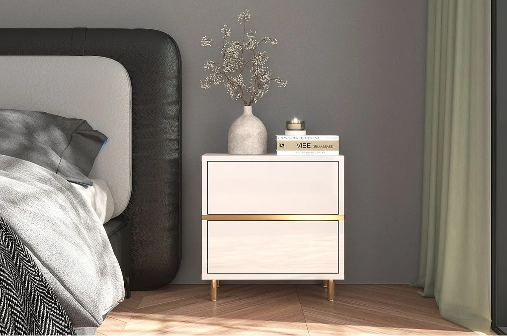 Biała szafka nocna Dancan MARIKA ze złotymi dodatkami