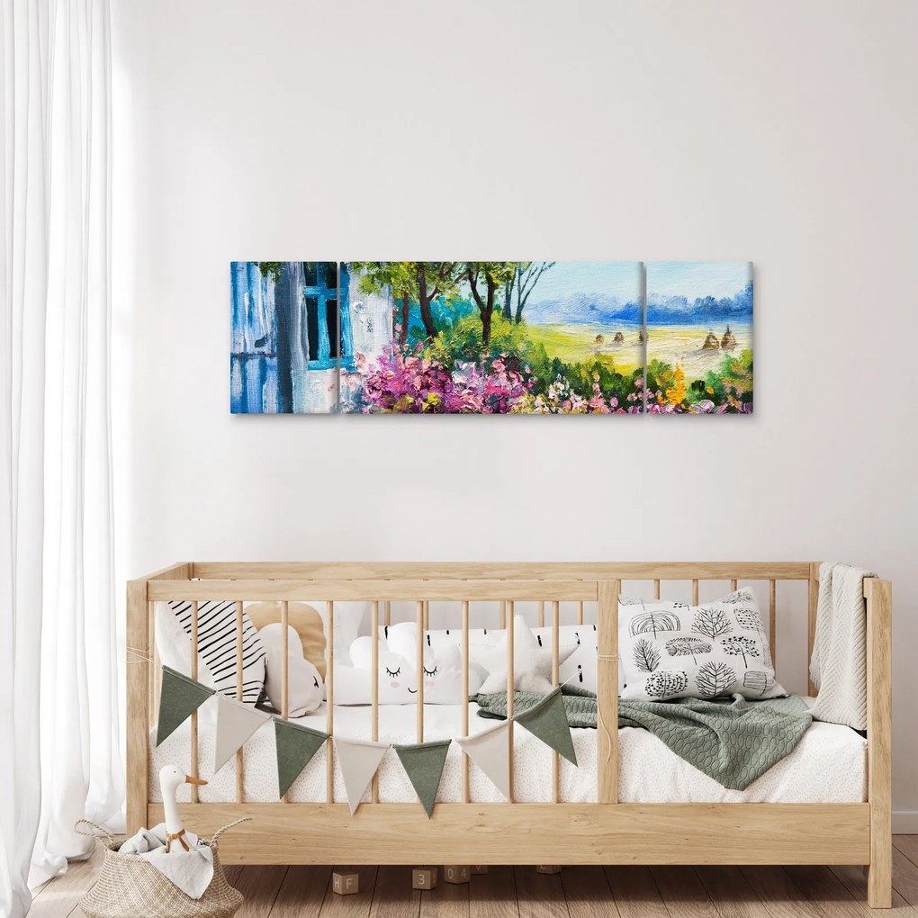 Obraz ogrodu przed domem, obraz olejny (170x50 cm)