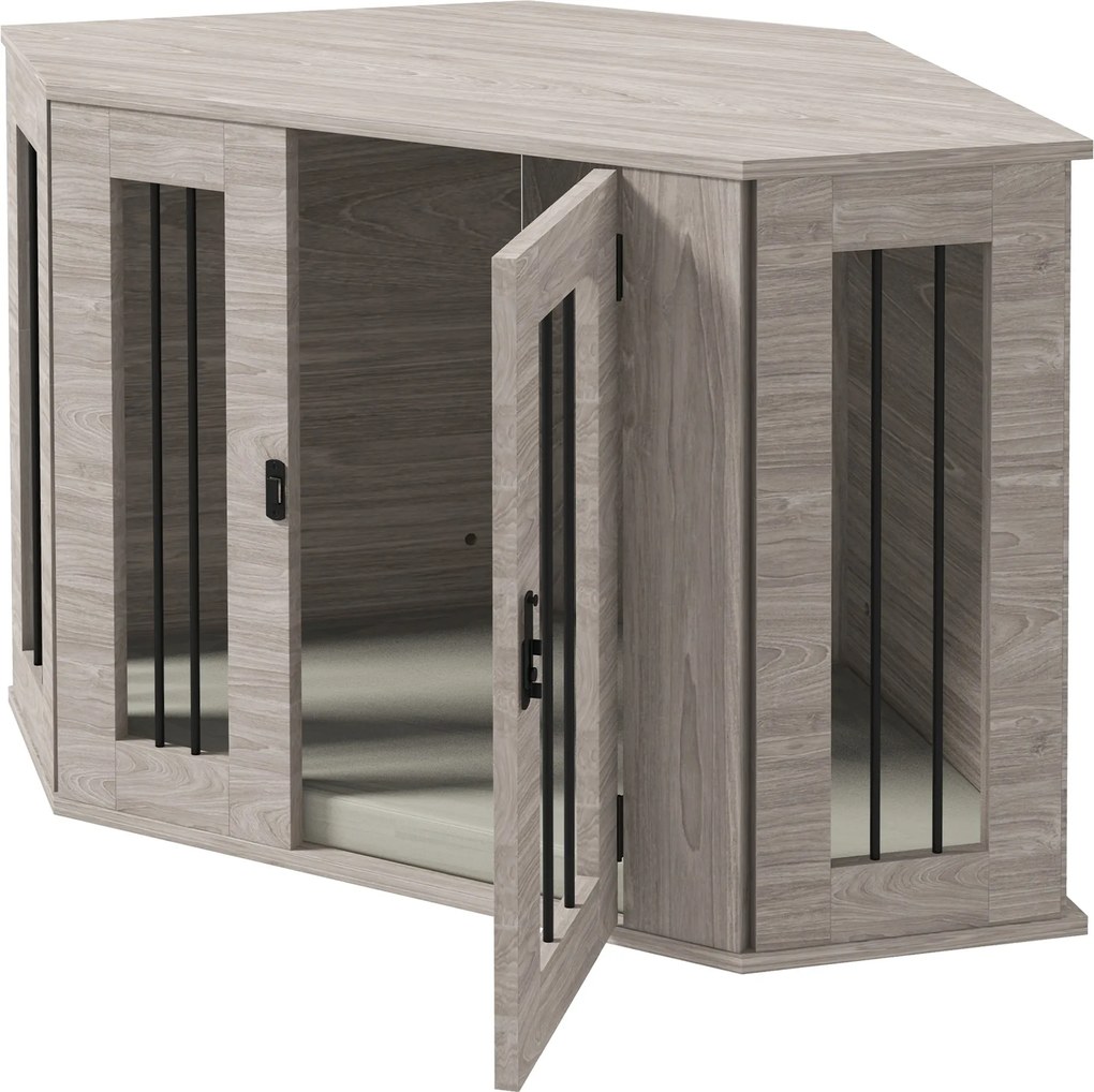 PawHut Klatka dla psa, projekt narożny, z zamknięciem, 1 poduszka leżakowa, 104 x 55 x 63 cm, Brązowy