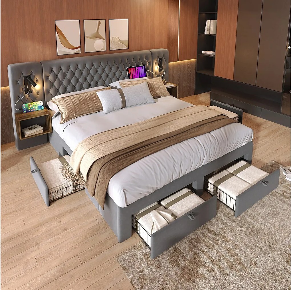 Łóżko tapicerowane dwuosobowe - 160 x 200 cm - z 2 szafkami nocnymi + 4 szufladami + lampką nad wezgłowiem - aksamitne - szare