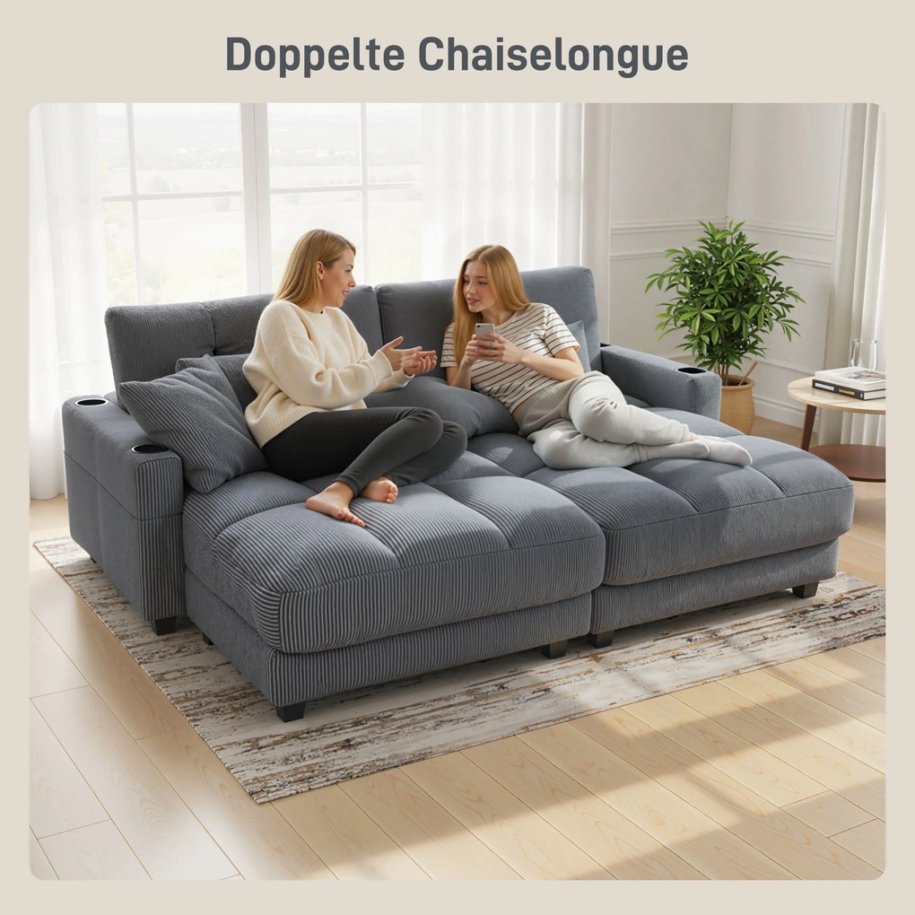 HOMCOM Sofa-łóżko z poduszką, piankowe, rozkładane, uchwyt na kubek, szary