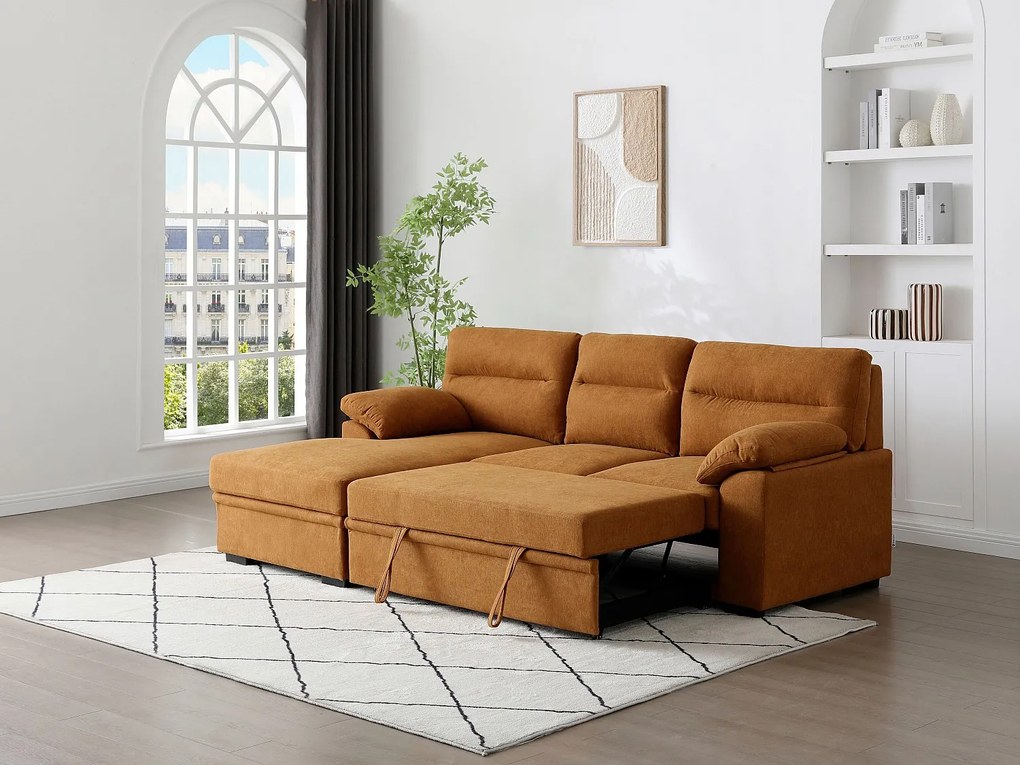 Kanapa narożna rozkładana lewostronna z tkaniny w kolorze terakota z podstawką pod napój  ULENIO
