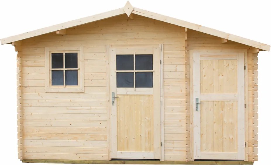 DREWNIANY DOMEK 440 x 414 cm OGRODOWY ZE ŚWIERKU – 2 POMIESZCZENIA, SCHOWEK NA NARZĘDZIA I STREFA REKREACYJNA