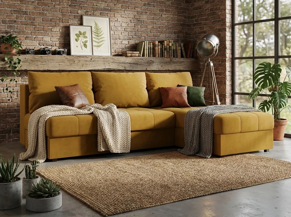 PROMOCJA Rozkładany dwustronny narożnik VENORIA SLIM 200x143 cm, musztardowy + 2 poduszki GRATIS II gatunek