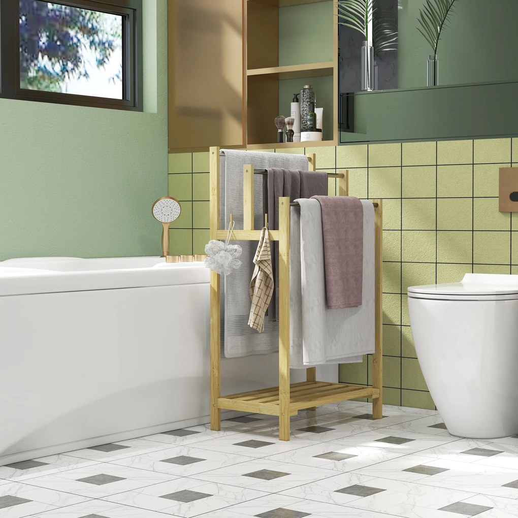 HOMCOM Stojak na ręczniki, wolnostojący, 3 pręty, bambus/stal, 50,5x31x90cm