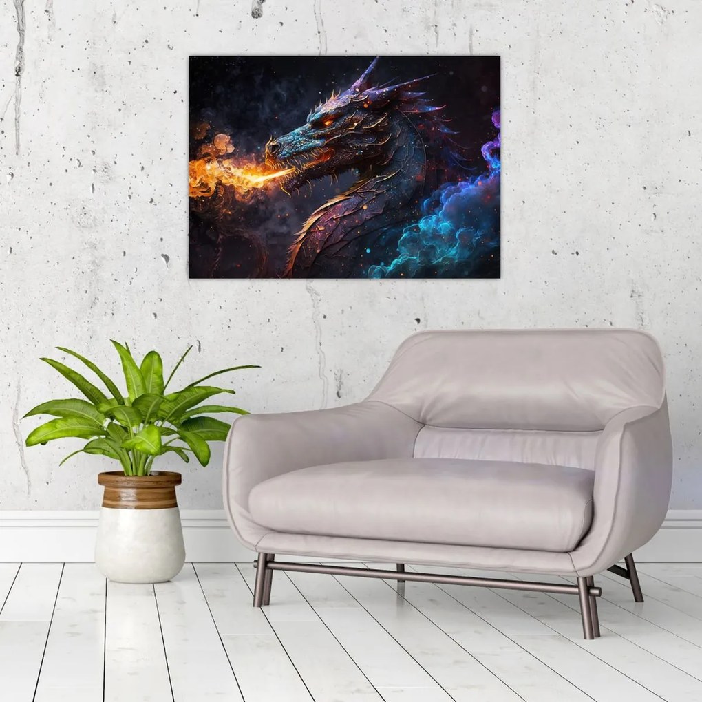 Obraz na szkle - Smok plujący płomieniami (70x50 cm)