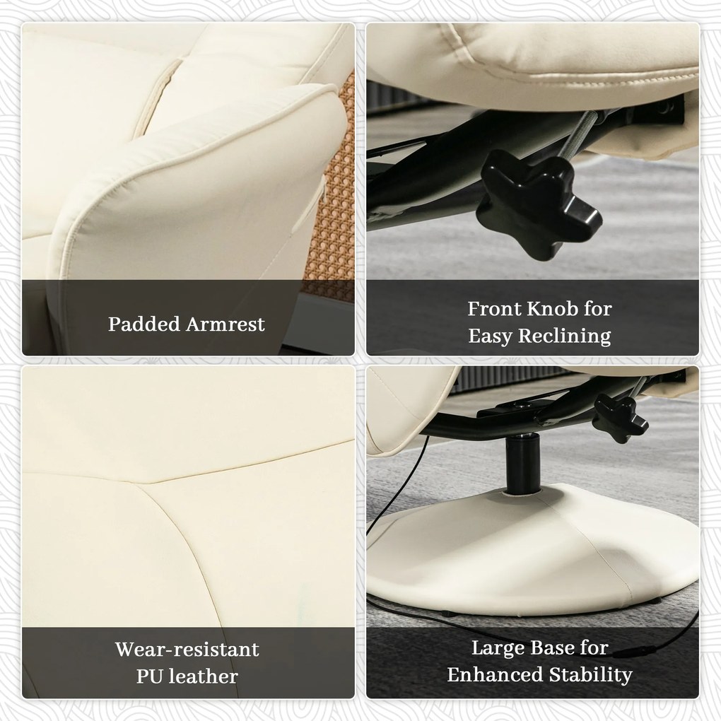 HOMCOM Fotel Masujący z Podnóżkiem, Ergonomiczny Fotel z 10 Punktami Wibracyjnymi, Skóra Ekologiczna, 76 x 81 x 105 cm, Kremowy