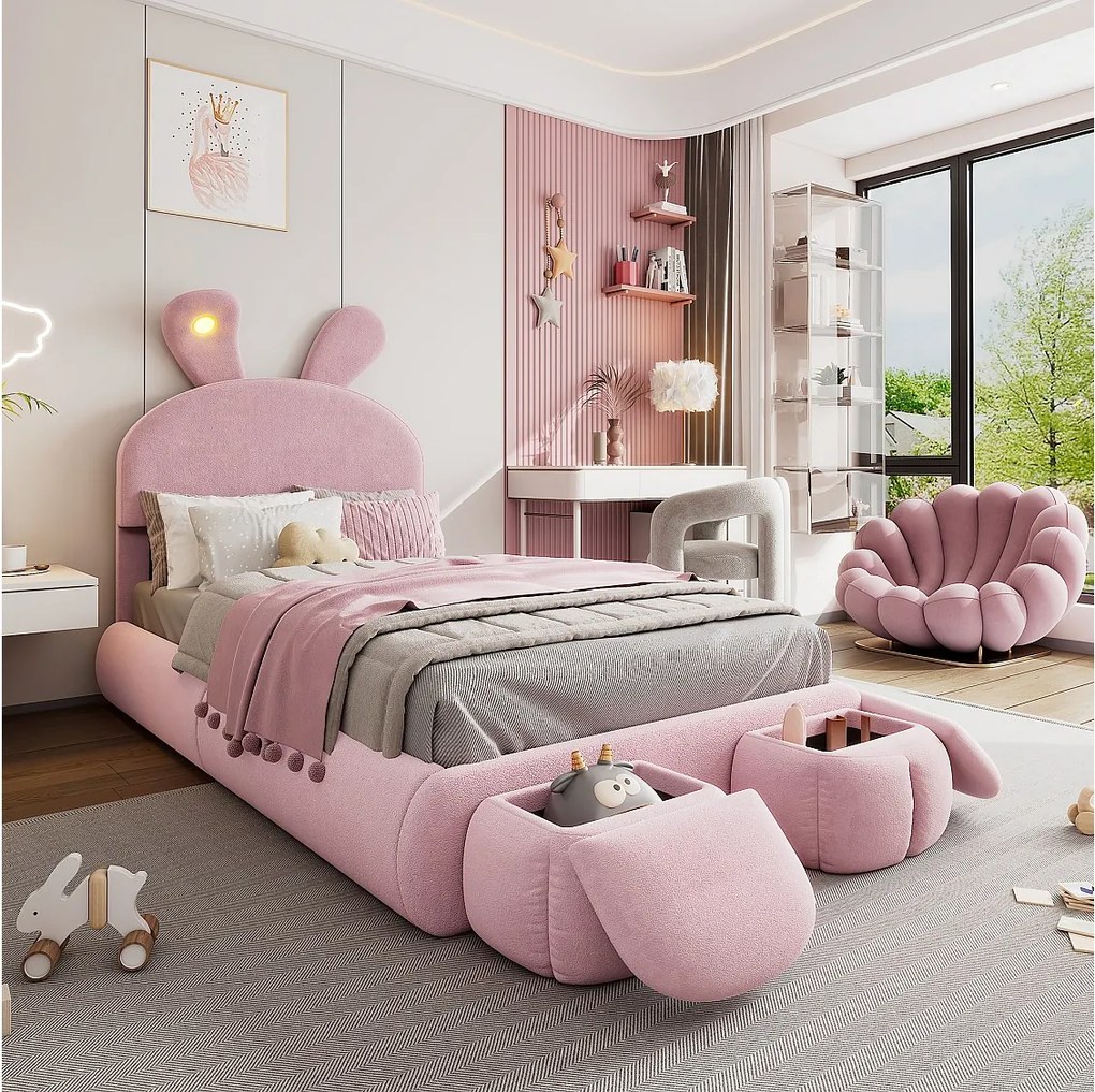 Łóżko jednoosobowe 90x200 cm - Łóżko dziecięce z dwiema ławkami ze schowkiem i ciepłą taśmą świetlną - różowy aksamit - bez materaca