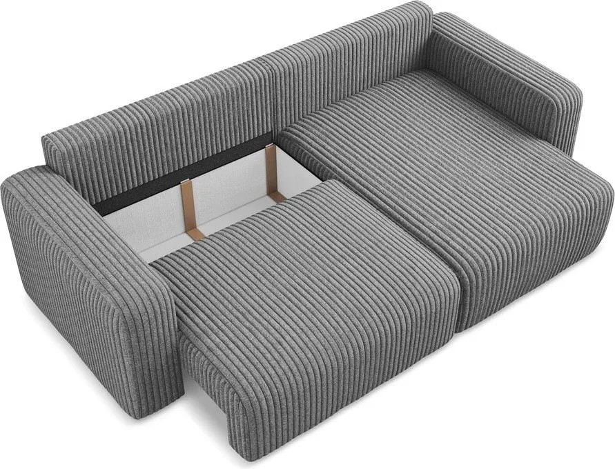 Szary sztruksowy rozkładany narożnik ze schowkiem (prawostronny/z szezlongiem) Kona – Makamii