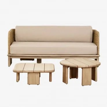 Zestaw Wypoczynkowy Do Salonu Z Sofą 3-osobową I 2 Stolikami Kawowymi Z Rattanu I Drewna Akacjowego Famara Jasny Akacjowy Brąz - Sklum