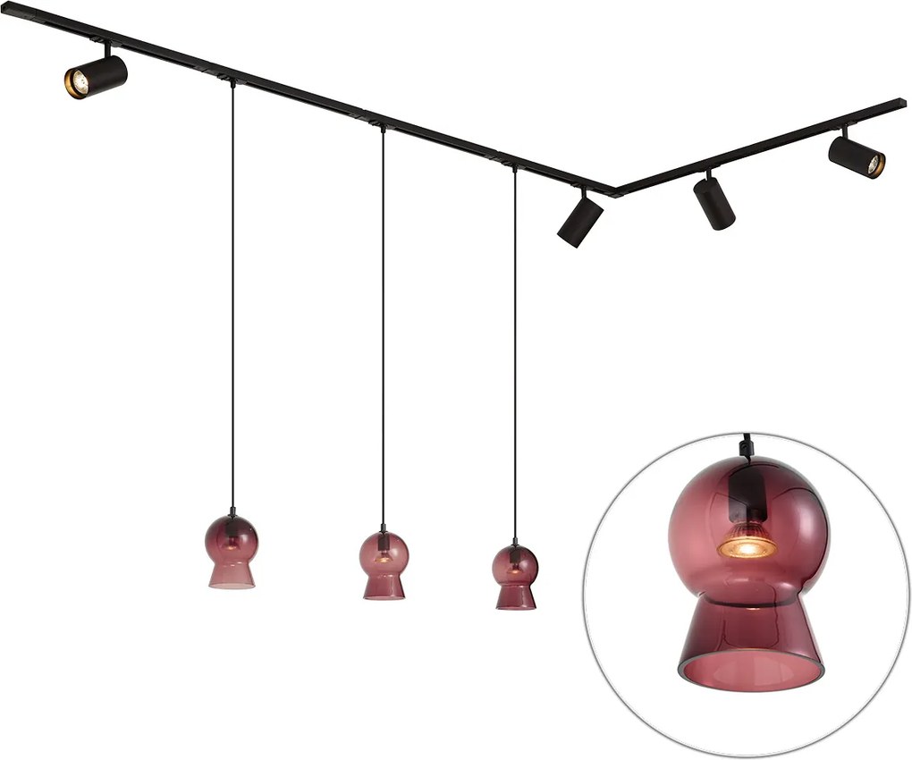 Nowoczesny czarny system szynowy z 4 reflektorami i 3 fioletowymi lampami wiszącymi 1-fazowy - Iconic Bell Jeana Luxe