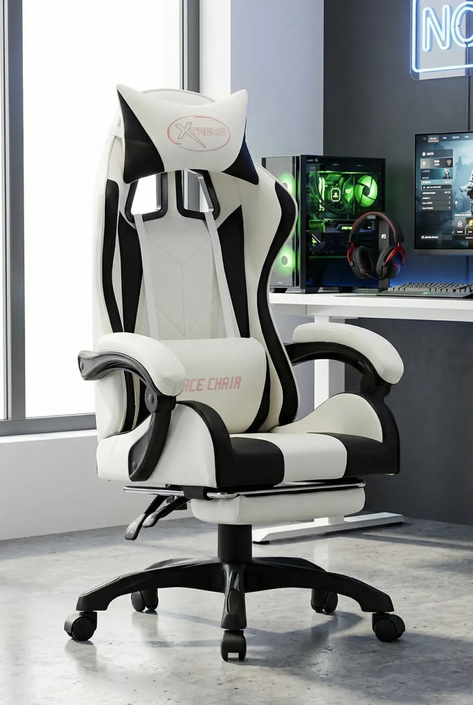 Biało-czarny fotel gamingowy z podnóżkiem M1-T78