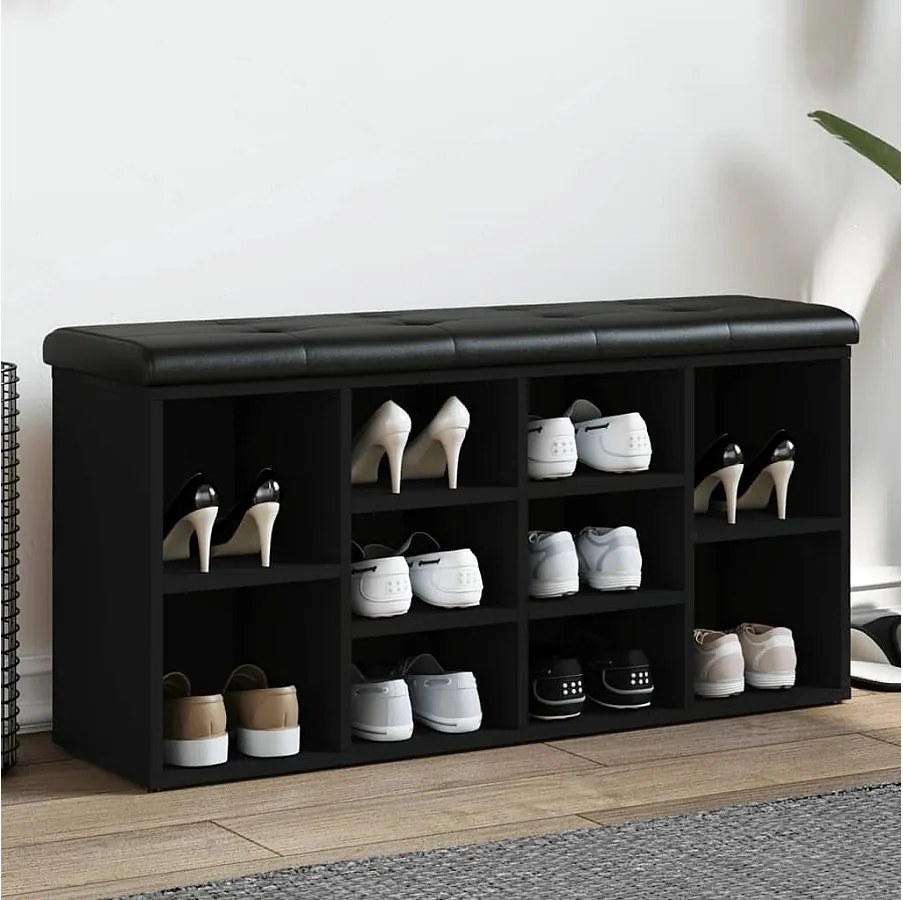 Czarna ławka na buty 102x32x50 cm z drewna inżynieryjnego z wygodną poduszką z ekoskóry