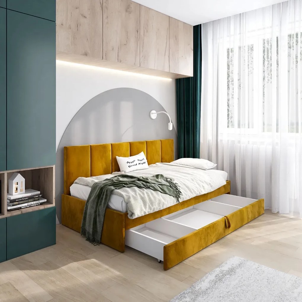 Łóżko młodzieżowe SORA 2 80x200 curry z tapicerowanym panelem i szufladą MKPOL