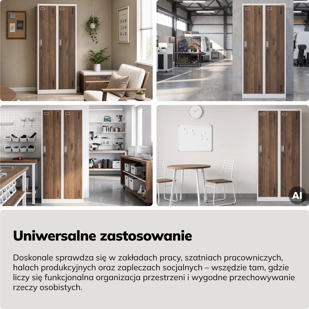 Szafka ubraniowa pracownicza czterokomorowa biała/orzech, 800x1800x500 mm: KACPER Eco Design