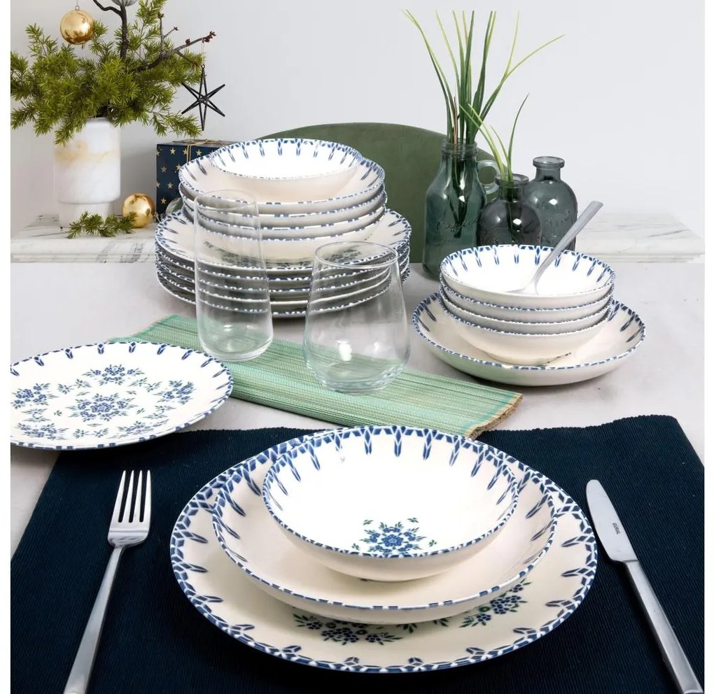 24-częściowy zestaw obiadowy biały/niebieski/porcelana