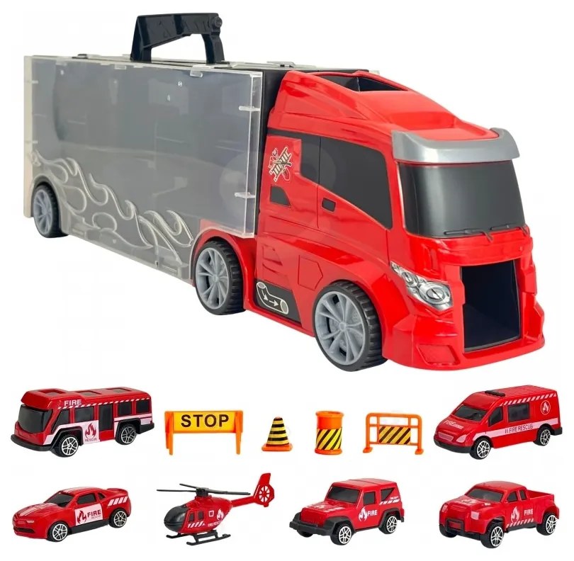 Woopie zestaw ciężarówka transporter 3w1 czerwony 11 el.