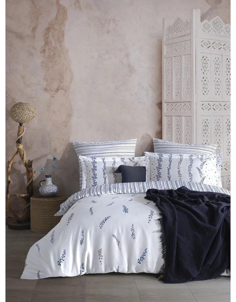 Biała/niebieska pościel dwuosobowa z satyny bawełnianej 240x220 cm Marseille Floral – Mila Home Luxury