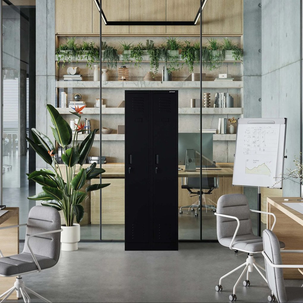 Szafka pracownicza metalowa czterokomorowa czarna: KACPER II, 600 x 1800 x 500 mm