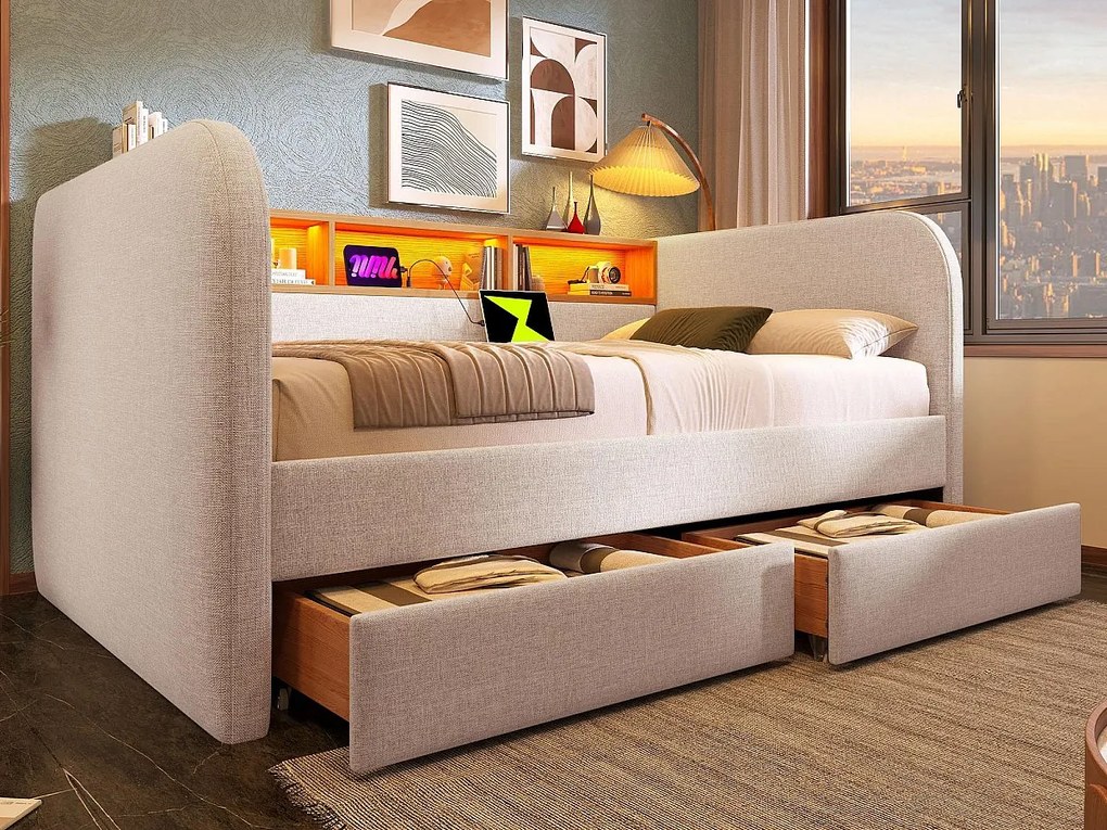 Łóżko z kanapą z 2 szufladami - tkanina lniana - 140x190 cm - z LED i funkcją ładowania - Beżowy