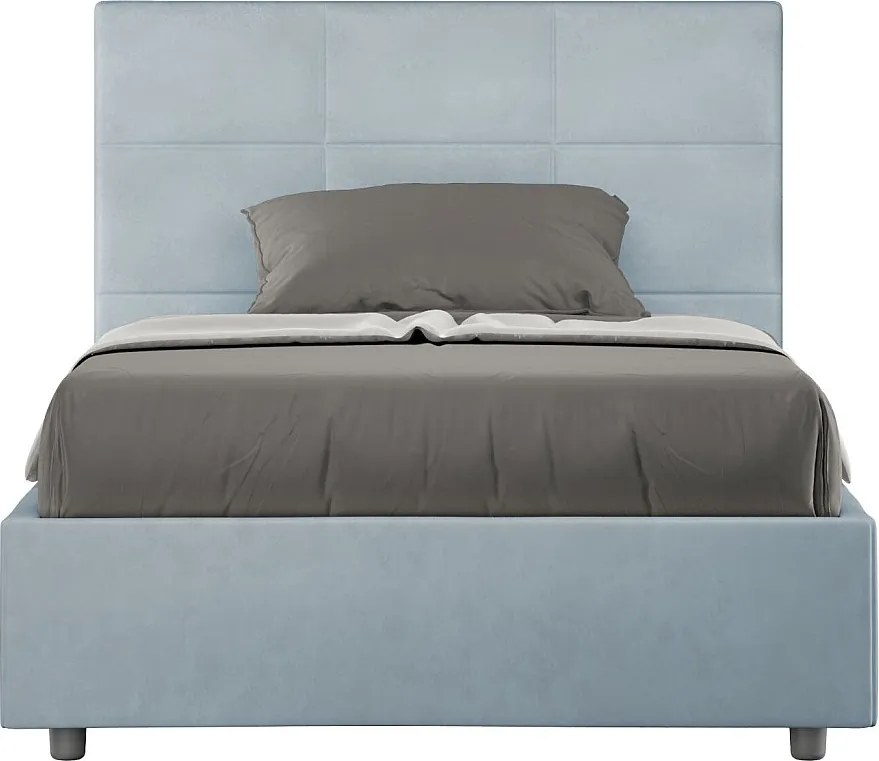 Łóżko wyposażone w stelaż z listwami tapicerowane 120x200 microfibra błękitny Mika