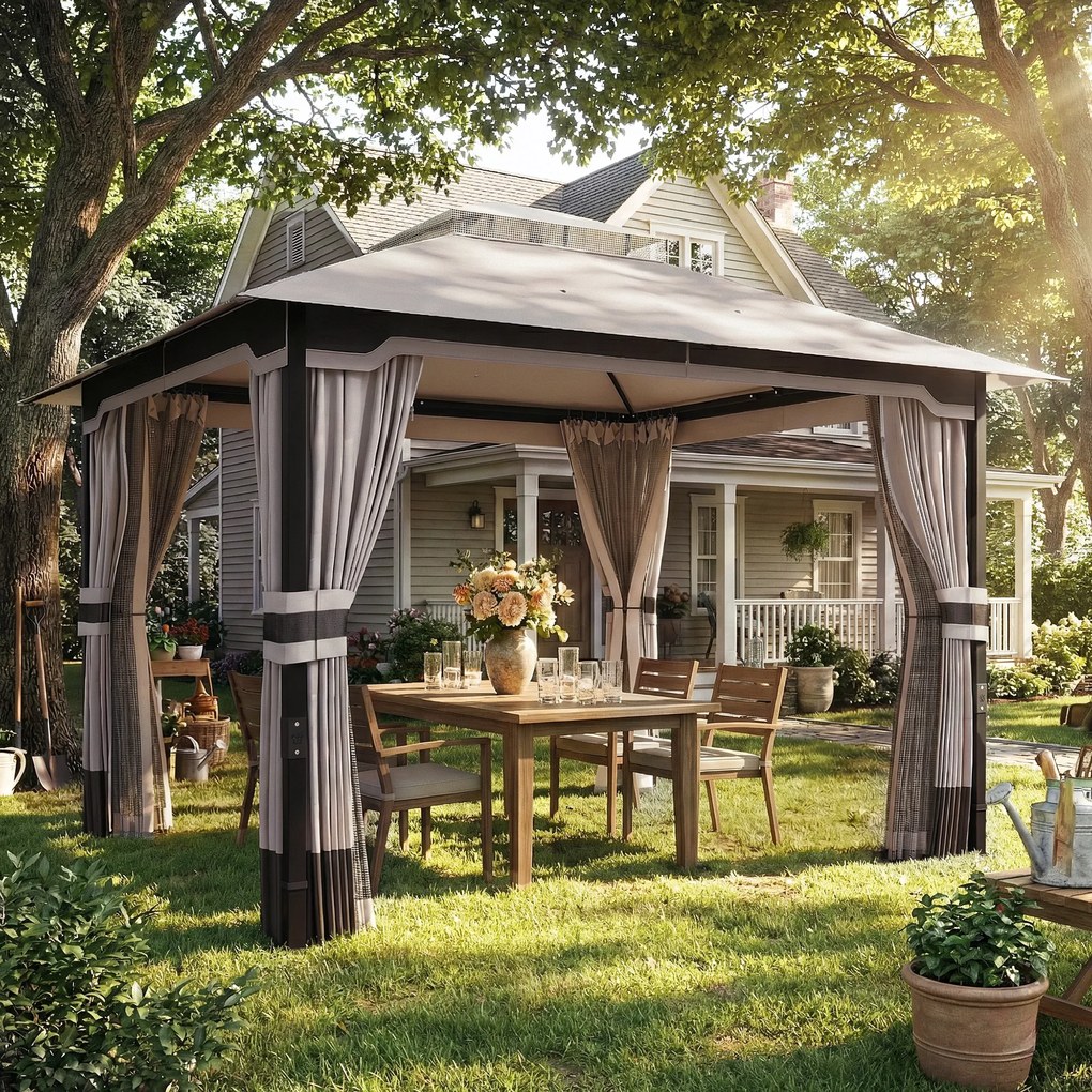 Outsunny Pawilon 3,6x3 m Wodoodporny Stabilny Zimowy Pawilon Ogrodowy z Podwójnym Dachem, Moskitierą, Zasłonami, Otworami Odwadniającymi | Aosom PL