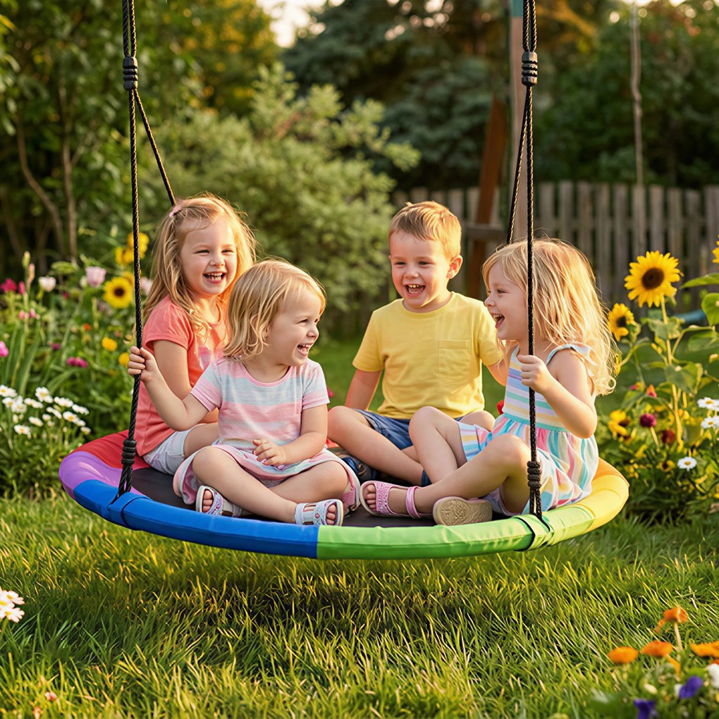 AIYAPLAY Huśtawka Gniazdowa Regulowana Ø 120 cm, Udźwig 300 kg, Dla Dzieci 3-8 lat, 120 x 120 x 180 cm, Wielokolorowa | Aosom PL
