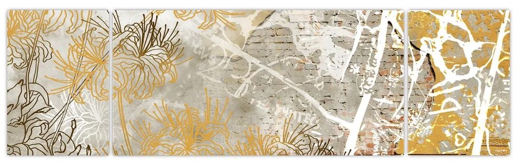 Obraz - Ściana w stylu vintage z kwiatami (170x50 cm)