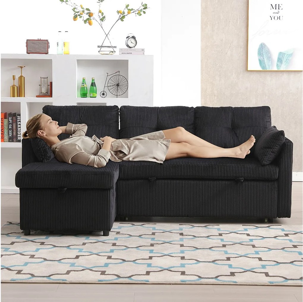Sofa rozkładana 3-osobowa - 206 x 130 x 88 cm - sofa modułowa - ze schowkiem - aksamitna - czarna