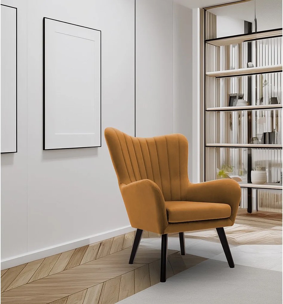 Fotel TED z tkaniny Velluto, wysoka oparcie, szerokie siedzisko, czarne nogi, pionowe przeszycia, 76x78x100 cm, złoty