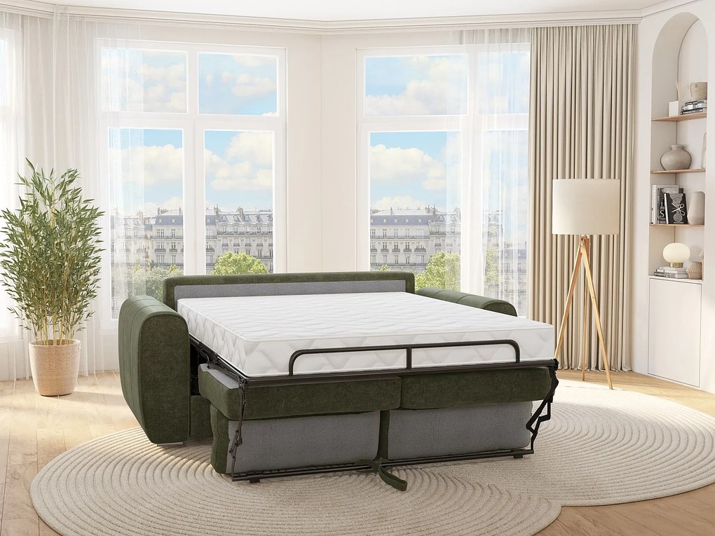 Kanapa 3-osobowa rozkładana typu express z zielonej tkaniny - Miejsce do spania 140 cm - Materac 18 cm - BOLIPO