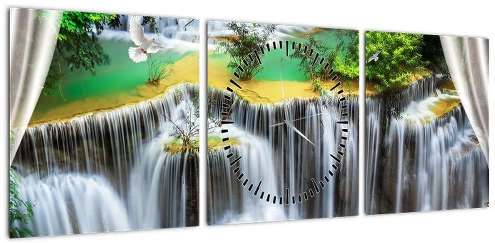 Obraz - Widok magicznych wodospadów (z zegarem) (90x30 cm)